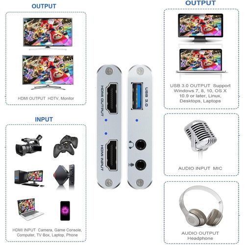 4K HDMI Video Capture Card, USB3.0 1080P 60FPS Video Recorder, Switch Capture Card for Streaming Gaming and Broadcasting, Works with Xbox Series X/S, Xbox One X/S, PS4, OBS, Camera (Grey)