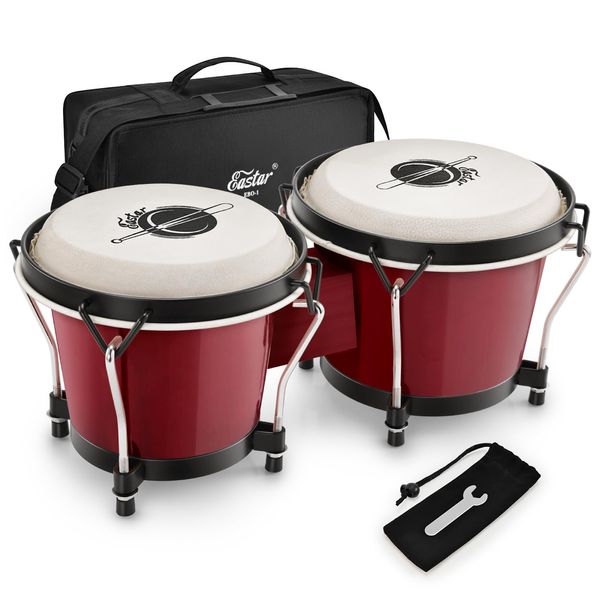 Eastar Bongo Drums 6” and 7” Congas Drums for Kids Adults Beginners Professional Wood Percussion Instrument with Bag and Tuning Wrench, Red