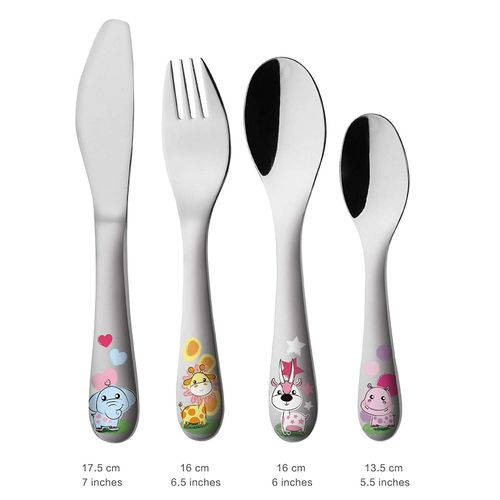 Exzact Childrens Cutlery 4pcs Set Stainless Steel/Kids Cutlery/Toddler Utensils/Flatware - 1 x Fork, 1 x Safe Dinner Knife, 1 x Dinner Spoon, 1 x Dessert Spoon with Illustrations (WF712P)