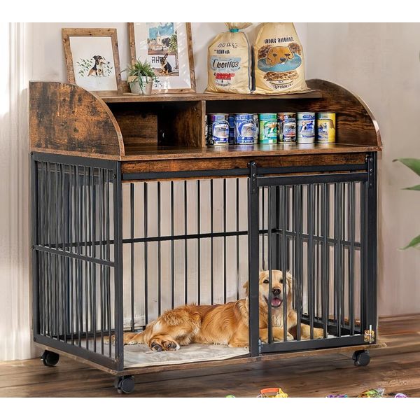 38"Heavy Duty Medium Dog Crate Furniture, Wooden Metal Kennel Pet Cage End Table