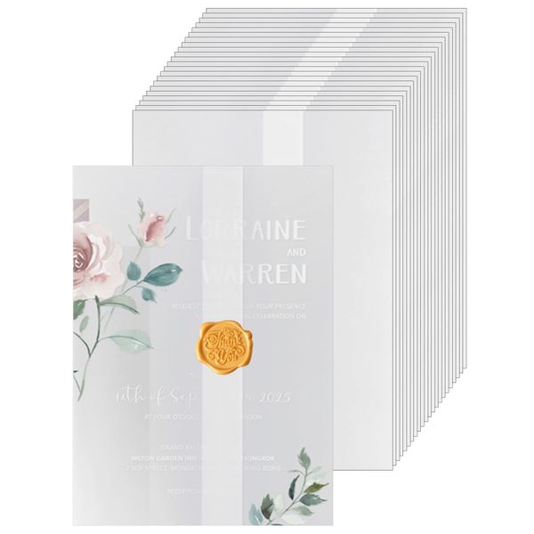 Benvo 50 Pack Pre-Folded Vellum Jackets for 5x7 Invitations Tracing Paper for Invitation Translucent Vellum Paper Wedding Invitations Wrap Liners for DIY Photos Postcards Scrapbook Envelopes(93gsm)