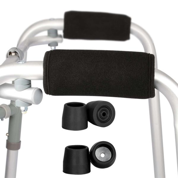 Zimmer Frame & Walker Upgrade Kit by HEALUA - Soft Grips & Universal Walker Commode Replacement Tips & Grips Fits Most Common Walkers Accessory-Black