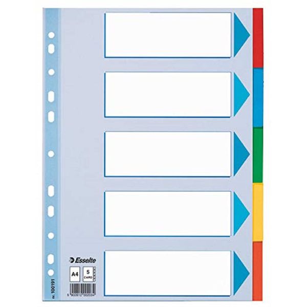 Esselte A4 Card File Dividers. 5 Parts Coloured Folder Dividers with identification front sheet, for Ring Binders and Lever Arch Files. Made from durable, recycled card