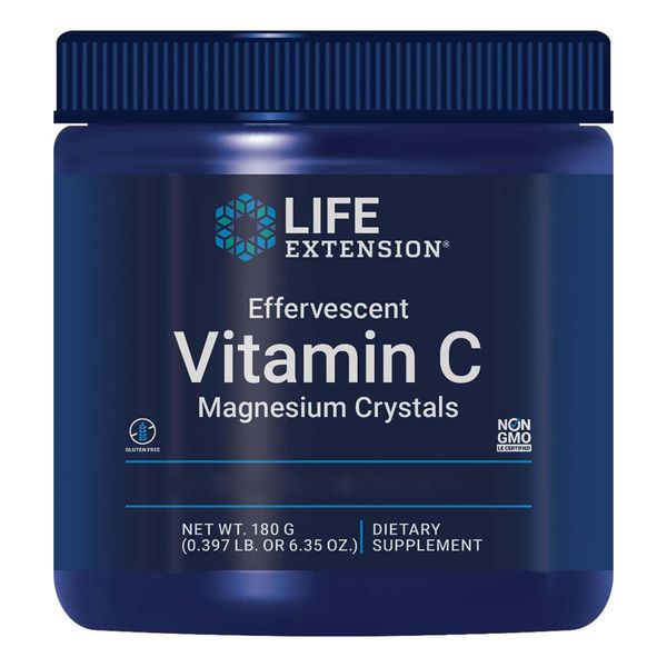 Life Extension, Effervescent Vitamin C Magnesium Crystals, High-Dose, 180g vegan Powder, Lab-Tested, vegetarian, Gluten-free, Soy-free, GMO-free