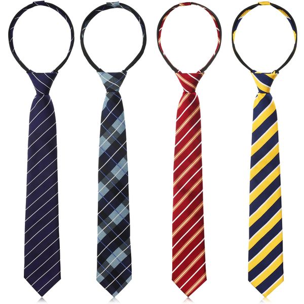 Geyoga 4 Pcs Kids Tie for Boys Adjustable Zipper Youth Child Toddler Necktie Wedding Graduation School Uniform 6-12 Years (Bright Style)