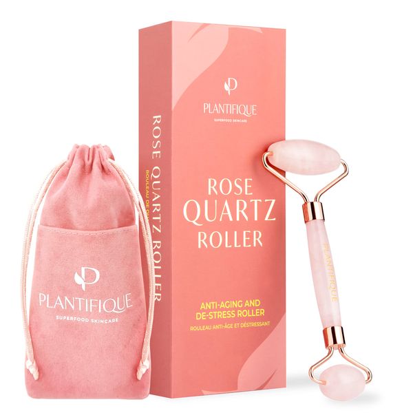 Plantifique Rose Quartz Roller - Face Roller - Face Massager for Skincare - Facial Roller 100% Natural Stone - Face Roller - Gifts for Women & Men - Eye Roller for Dark Circles and Puffiness