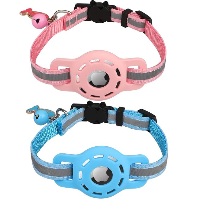 Diyife Airtag Katzenhalsband, [2er Pack] Reflektierend GPS Leichte Tracker Katzenhalsbänder mit Airtag Hülle, Schnellverschluss, Glöckchen, 20-33 cm Verstellbar für Katzen Kitten, Blau & Rosa