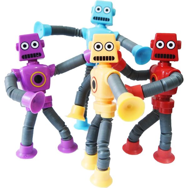 4 Pcs Telescopic Suction Cup Robot Toy, Coolest Pop Tubes Sensory Toys for Toddlers, Educational Fidget Toys Robot Party Favors for Anxiety Kids for 3-9 Year Old Boys Girls