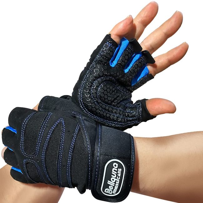 Bercuna Training Gloves, Muscle Training, Men's, Women's, Full Finger Wrist Wraps, Weight Training Gloves, Mesh Specifications, S/M/L/XL, Genuine Product (Blue, L)