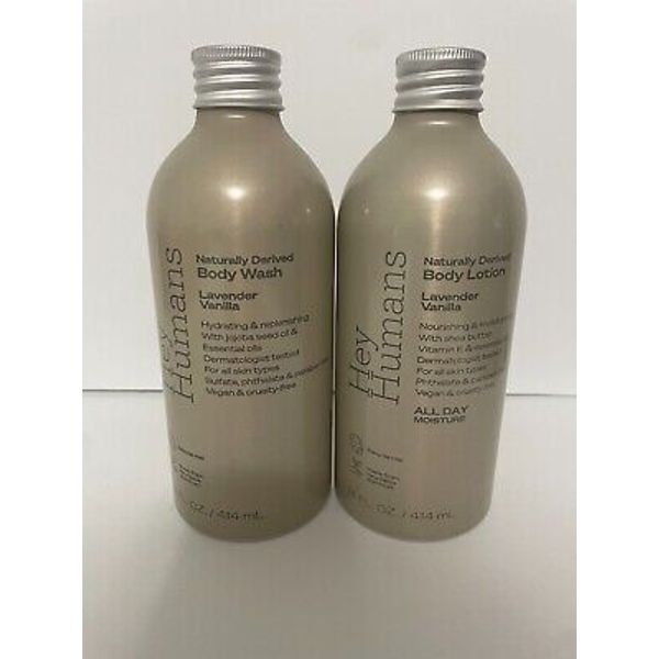2 Bottles Hey Humans Naturally Derived Body Wash & Body Lotion Lavender Vanilla