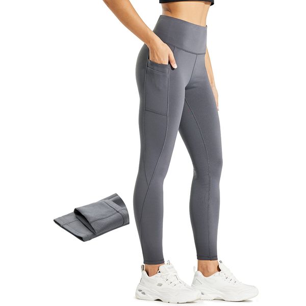 Comallan Damen Winter Thermo Leggings, Wasserdicht Lauf Sport Tights Laufhose Wanderhosen Training Hose Mit Fleece gefüttert und Taschen, Grau XL