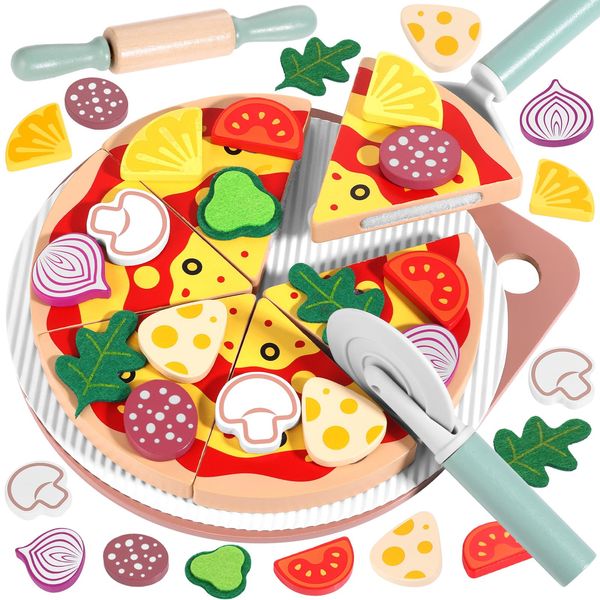 GAGAKU Wooden Pizza Toys for Kids 27Pcs Wood Cooking Toys Cutting Play Food Set for Toddlers Pretend Play Kitchen Accessories Toys for Toddlers Aged 3-8, for Boys and Girls