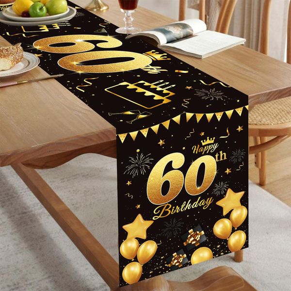 Happy 60th Birthday Table Runner Black Gold 60th Birthday Table Runner for Men Women 60 Years Old Birthday Anniversary Celebration Party Non-Slip Dining Table Linen Cloth Decorations, 180x35cm Long