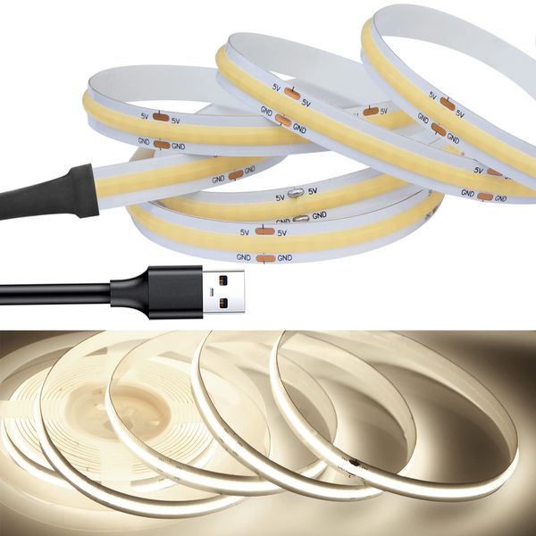 LEKE COB LED Light Strip, Flexible, High-Density, 98 LEDs/ft. (320 LEDs/m), DC 5 V, 180° Light, CRI>=90, Double-Sided Tape, Cuttable, Home, Office, Indoors, 4000 K Daylight, 8.2 ft. (2.5 m)