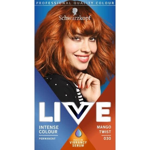 Schwarzkopf LIVE Intense Colour, Long Lasting Permanent Orange Copper Hair Dye, With Built-In Vibrancy Serum, Up To 70% Grey Coverage, Mango Twist 030