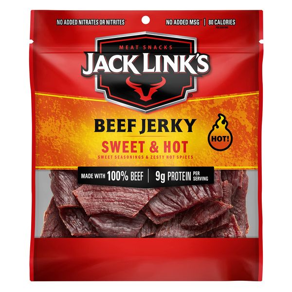 Jack Link’s Beef Jerky, Sweet & Hot Flavor, 2.85 oz. – Flavorful Meat Snack, 9g of Protein and 80 Calories, Made with Premium Beef - 96 Percent Fat Free, No Added MSG or Nitrates/Nitrites