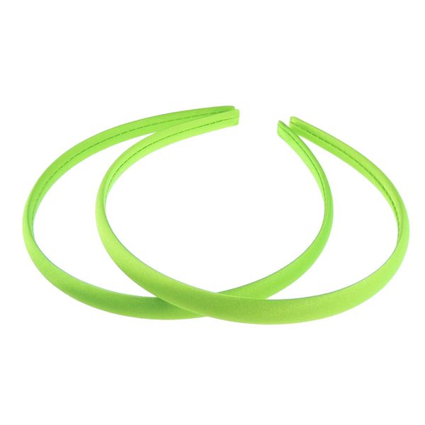 Pair of 2 Slim Thin 1cm Satin Covered Girls Party Satin Plain DIY Alice Headband Hairband Head Hair Band Kids School Uniform (Bright Lime)