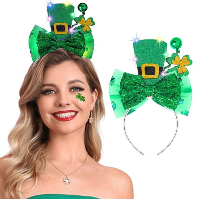 Bessney St Patricks Day Hat Headband Green Shamrock Headpiece Light Up Bow Headwear Irish Festival Costume Hair Accessories for Women and Girls