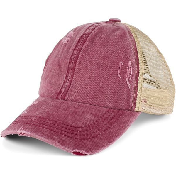 styleBREAKER Damen Baseball Cap im Washed Used Look mit Mesh Einsatz, Ponytail, 6-Panel, Klettverschluss verstellbar 04023085, Farbe:Weinrot