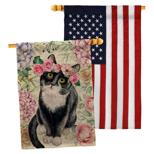 Breeze Decor Floral Tuxedo Cat Burlap House Flag Pack Kitten Meow Spoiled Paw Fur Pet Nature Farm Animal Creature Embroidery Decoration Banner Small Garden Yard Gift Double-Sided, Made in USA