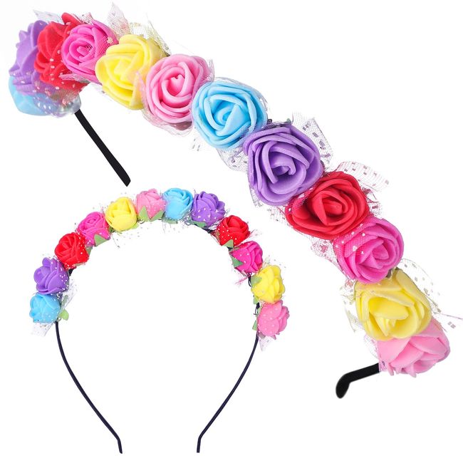 Boho Floral Crown Lace Rose Headband Wedding Headbands for Girls Bride Rainbow Headband Flower Hair Wreath Hairband Floral Garland Headpiece for Women Children Bridesmaid Birthday Hair Accessory Party