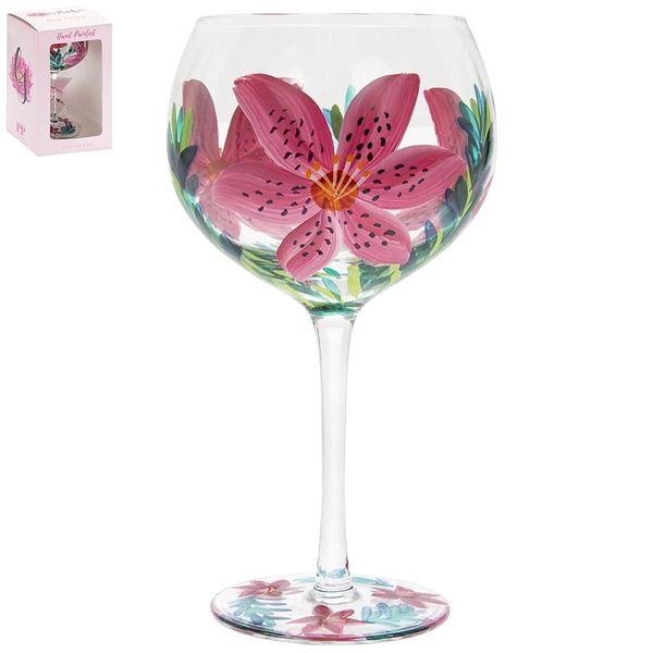 Lesser & Pavey SML 1 Piece-9x9x21 cm Hand Painted Lily Gin Glass by Lynsey Johnstone with Gift Box, 600 milliliters, Pink