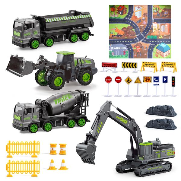 FIVEDAOGANG Construction Truck Toys for 3 4 5 6 Year Old Boys - 4 Pack Friction Power Die-cast Vehicle Car Toy Set w/Play Mat for Toddler, Gift Truck Alloy Metal for Age 3-9 Toddlers Kids Boys & Girls