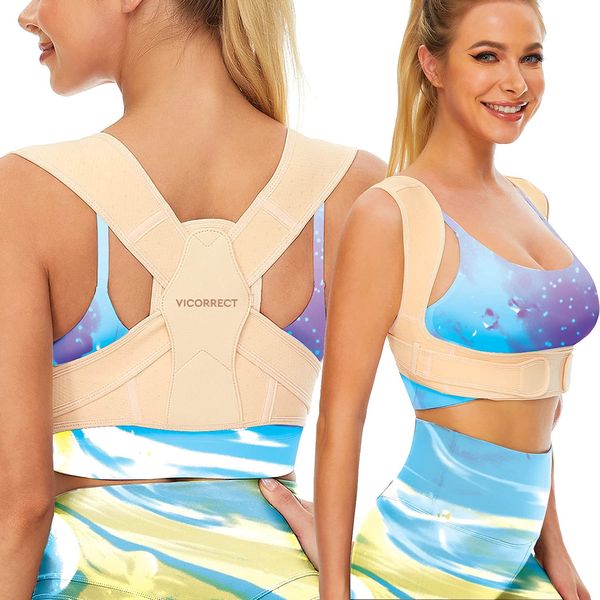 Vicorrect Posture Corrector for Women and Men, Adjustable upper back straightener posture corrector and Providing Pain Relief from Neck, Shoulder, and Upper Back (S/M)