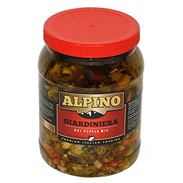 Alpino Brand Hot Pepper Mix Giardiniera Pickled Vegetables Restaurant Quality - 64 oz.