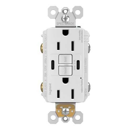 Legrand Radiant 1597TRUSBCCW 15 Amp GFCI Self Test Tamper Resistant Decorator Duplex Outlet with USB Type C, White with Screwless Wall Plate (1 Count)