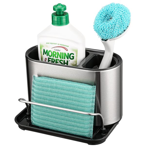 Bingobang Sink Caddy Tidy Stainless Steel,Kitchen Sink Cleaning Organiser with Sponge Holder,Removable Drip Tray,Sliver & Black