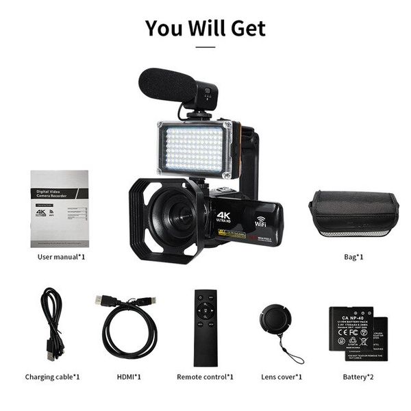 Calf Stretching Board 4K Ultra HD Digital Camera 3.0 Inci 48MP 18X Zoom Wi-Fi Camcorder Windproof Microphone Fill Light Video Blogging For YouTube, [02] Camera set