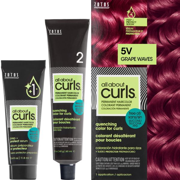 All About Curls 5V Grape Waves Violet Permanent Hair Color (Prep + Protect Serum & Hair Dye for Curly Hair) - 100% Grey Coverage, Nourished & Radiant Curls