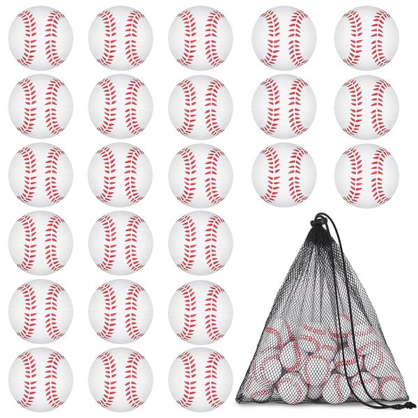 ADXCO 24 Pack Mini Sports Balls Foam Baseball Stress Balls with Black Drawstring Mesh Bag for School Carnival Reward Party Favors Stress Anxiety Relief Relaxation (Baseball)