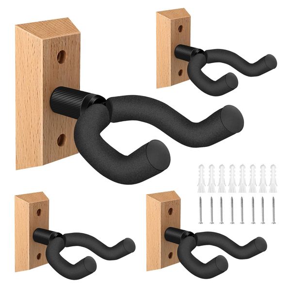 DOMMI Guitar Wall Mount 4 Pack, Guitar Hanger with Rotatable Soft Hook for All Size Guitars, Hardwood U-Shaped Guitar Holder Wall Mount for Acoustic, Electric Guitar, Bass, Guitar Hook for Men’s Gift