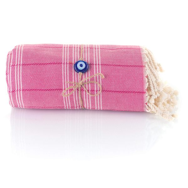 Pestemal Turkish Hammam Towel with the Evil Eye 100% Cotton for Bath, Beach, Gym Quick Dry Absorbent, 90*180cm, 600gr, Fouta Compact Towel for Travelling, Spa, Picnic, Blanket, Bed, Table Cover (Pink)