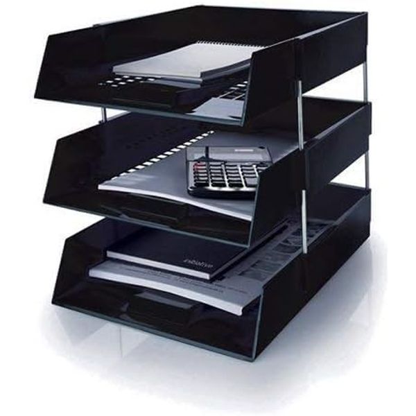 OS Smart Choice A4 Letter Trays, 3-Tier Stackable Document Organiser, Plastic Desktop Filing System, BLACK