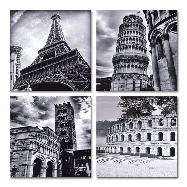 Wieco Art Architectures Modern 4 Panels Giclee Canvas Prints Europe Buildings Black and White Landscape Pictures Paintings on Canvas Wall Art Ready to Hang for Bedroom Home Office Decorations