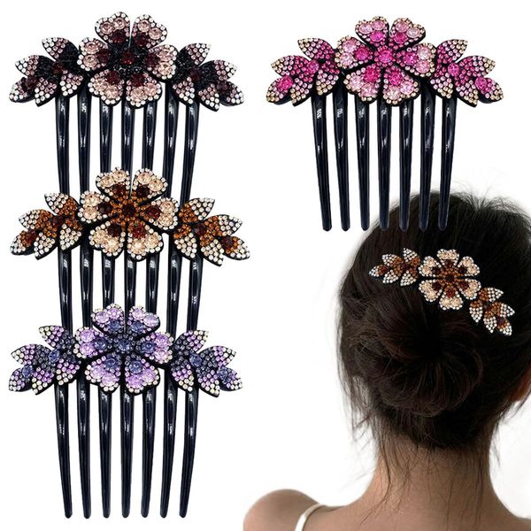 KuuGuu 4 PCS Luxury Sparkly Glitter Flower Leaf Rhinestone Black Plastic Hair Side Combs Women Flower Hair Comb Pins Rhinestone Slide Clips Bride Wedding Headdress Hair Accessories