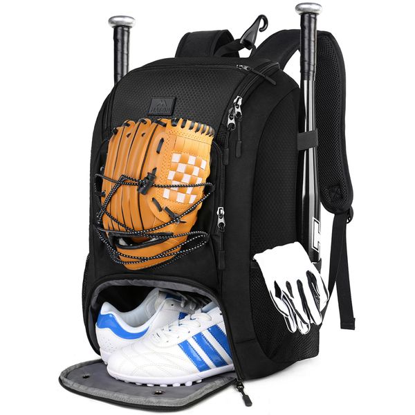 MATEIN Youth Baseball Bag, Softball Bag with Cleats Pocket for Girls, Boys, Adult, Large Baseball Backpack for Men with Fence Hook- Hold 2 Bats, Batting Mitten, Helmet, Caps, Teeball Gear