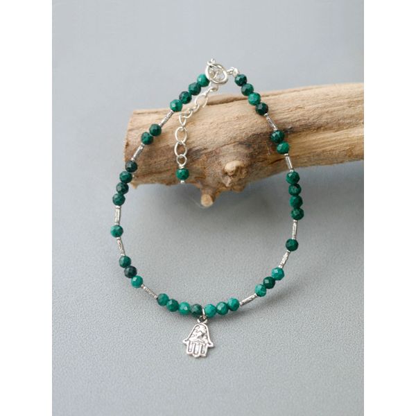 Silver 92.5 Malachite Peacock Natural Stone Thai Silver Hamsa Antique Silver Bracelet