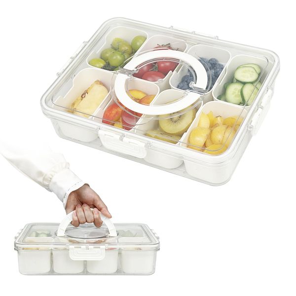 HOMJOY Divided Serving Tray with Lid and Handle, 8 Compartment Snack Boxes for Fruits, Spice, Candy, Portable Food Container Picnics Suitable for Party, Picnic