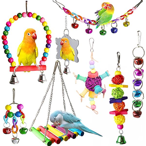 8 Pcs Parakeet Cockatiel Bird Toys, Hanging Bell Pet Bird Cage Hammock Swing Toy