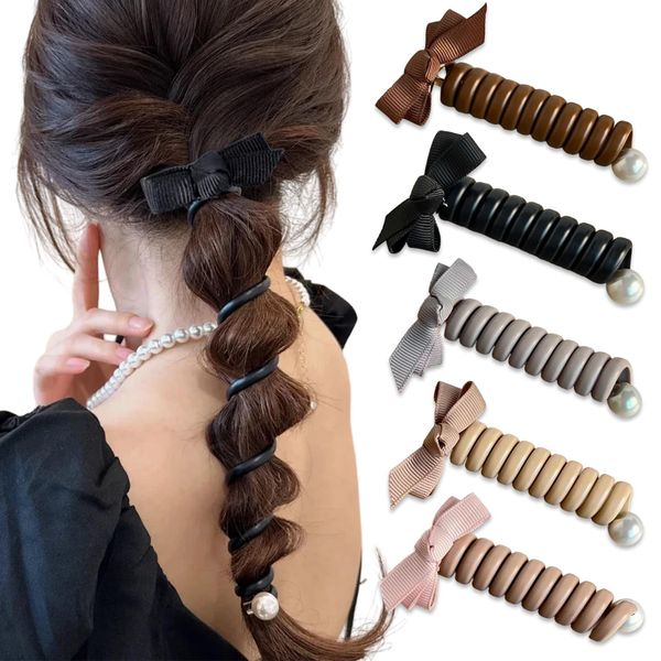 Generic 5 Pcs Bowknot Braided Telephone Wire Hair Bands Elastic Spiral Hair Ties Phone Cord for Women Girls Ponytail Holder Accessories