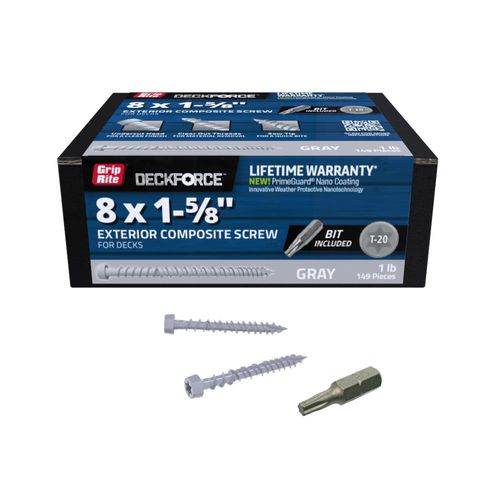 Grip-Rite GRDFCS158HAG1 DeckForce #8 x 1-5/8" Nano Coated Composite Deck Screws, Grey, 1lb Box