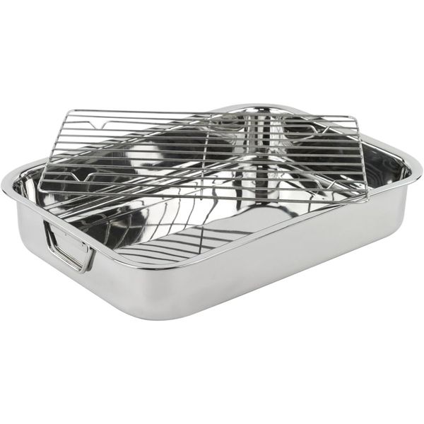 MGE - Auflaufform - Bräter mit Rost aus Edelstahl - Ofenform mit Rost - Auflaufform Groß - Auflaufform mit Rost - Lasagne Auflaufform - Bratform für Lasagne, Hähnchen und Gemüse - Edelstahl - 40 cm
