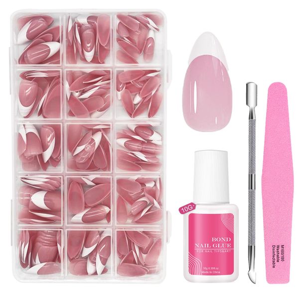 Press on Nails Kit - 240pcs Almond False Nails with Glue - 15 Sizes French Tip Fake Nails - Nude Color Stick on Nails for Women - Full Cover French White Tip Nails Art with File and Cuticle Pusher