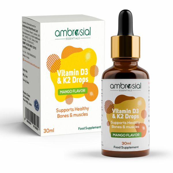 Ambrosial Vitamin D3 K2 Drops Liquid Supplement for Adults & Kids | Mango Flavor High Strength Vitamin D Liquid 500 IU & Vitamin K2 50 mcg PER DROP (Pack of 1-30 ml)