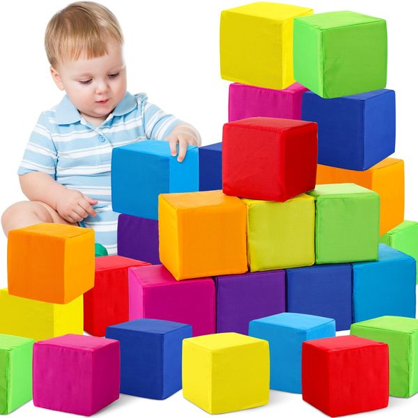 Yilloog 24 Pcs Toddler Foam Blocks Large Stacking Blocks 4.72 Inch Building Climbing Blocks for Kids Baby Soft Cubes Playing Game Set