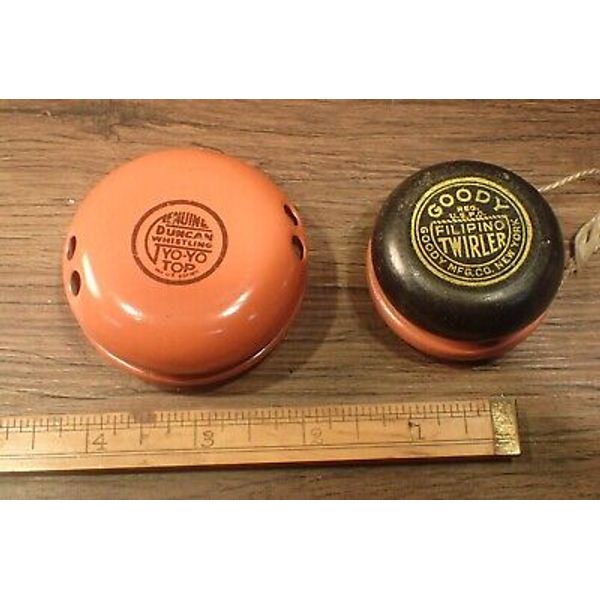 Vintage Duncan Orange Tin Whistling YoYo,50's + wood goody flipping twirler